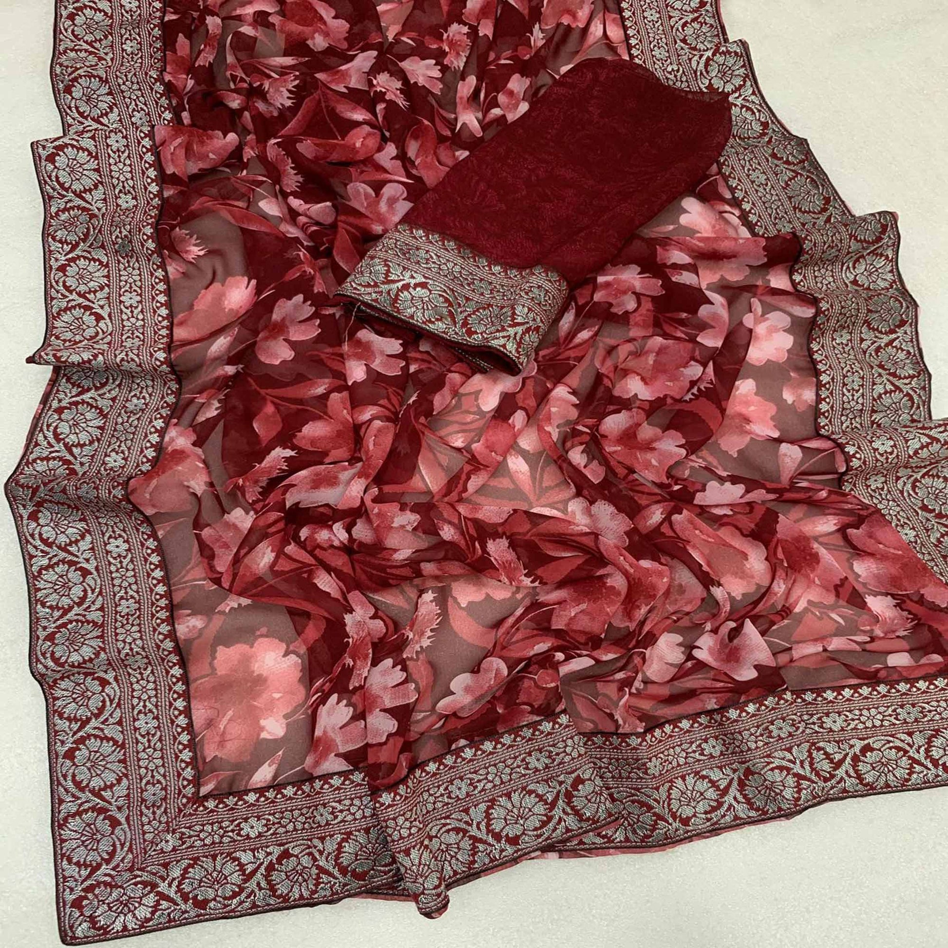 Maroon Floral Printed Georgette Saree With Woven Border