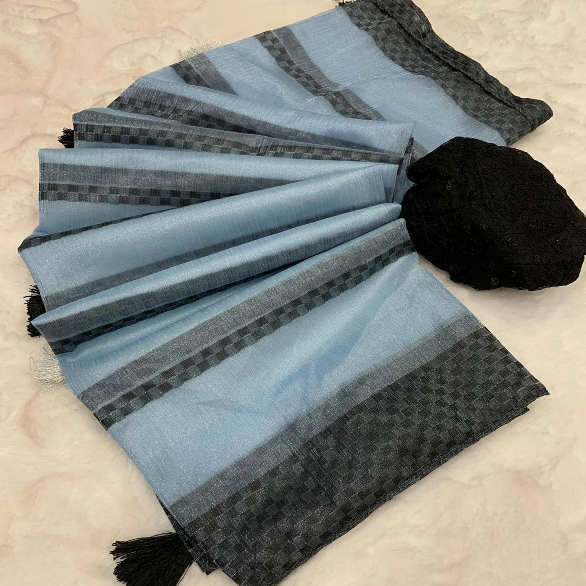 Blue Woven Net Saree With Tassels