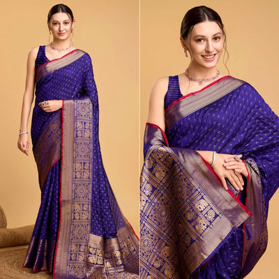 Blue Woven Pure Silk Saree With Tassels