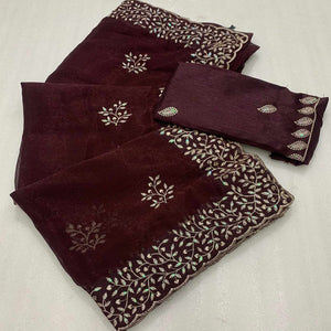 Brown Sequins Embroidered Shimmer Silk Saree