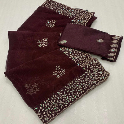 Brown Sequins Embroidered Shimmer Silk Saree