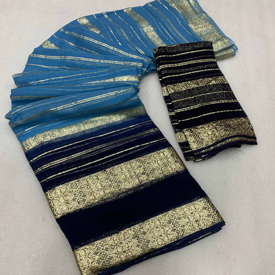 Blue Striped Zari Woven Viscose Georgette Saree
