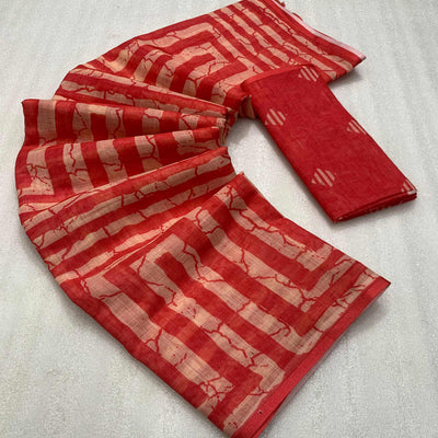 Gajari Pink Digital Printed Linen Cotton Saree