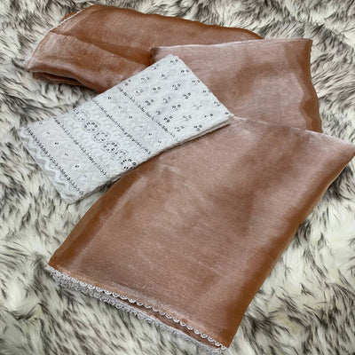 Light Brown Solid Chiffon Saree Saree With Lace Border