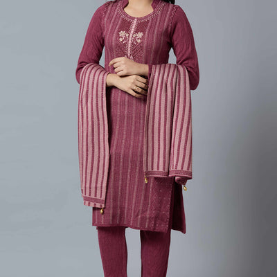Maroon Woven Woolen Straight Salwar Suit