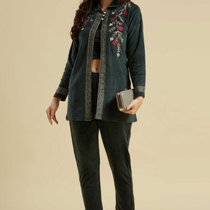 green-embroidered-velvet-front-slit-top-bottom-set