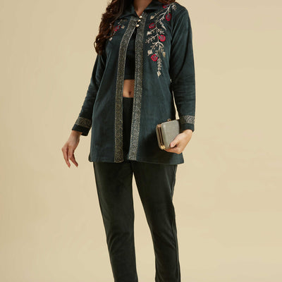 green-embroidered-velvet-front-slit-top-bottom-set