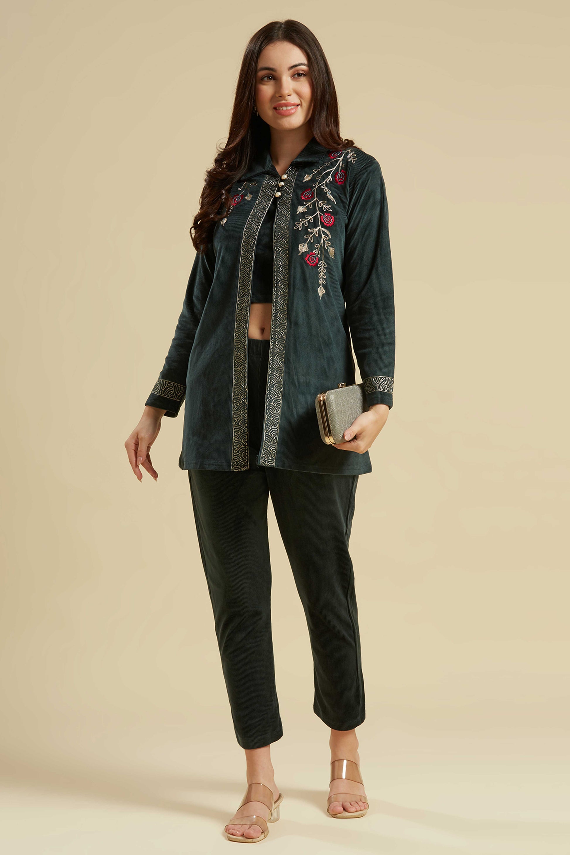 green-embroidered-velvet-front-slit-top-bottom-set