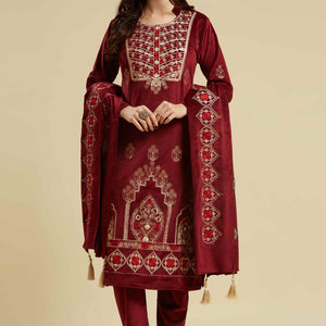 Maroon Embroidered Velvet Straight Salwar Suit