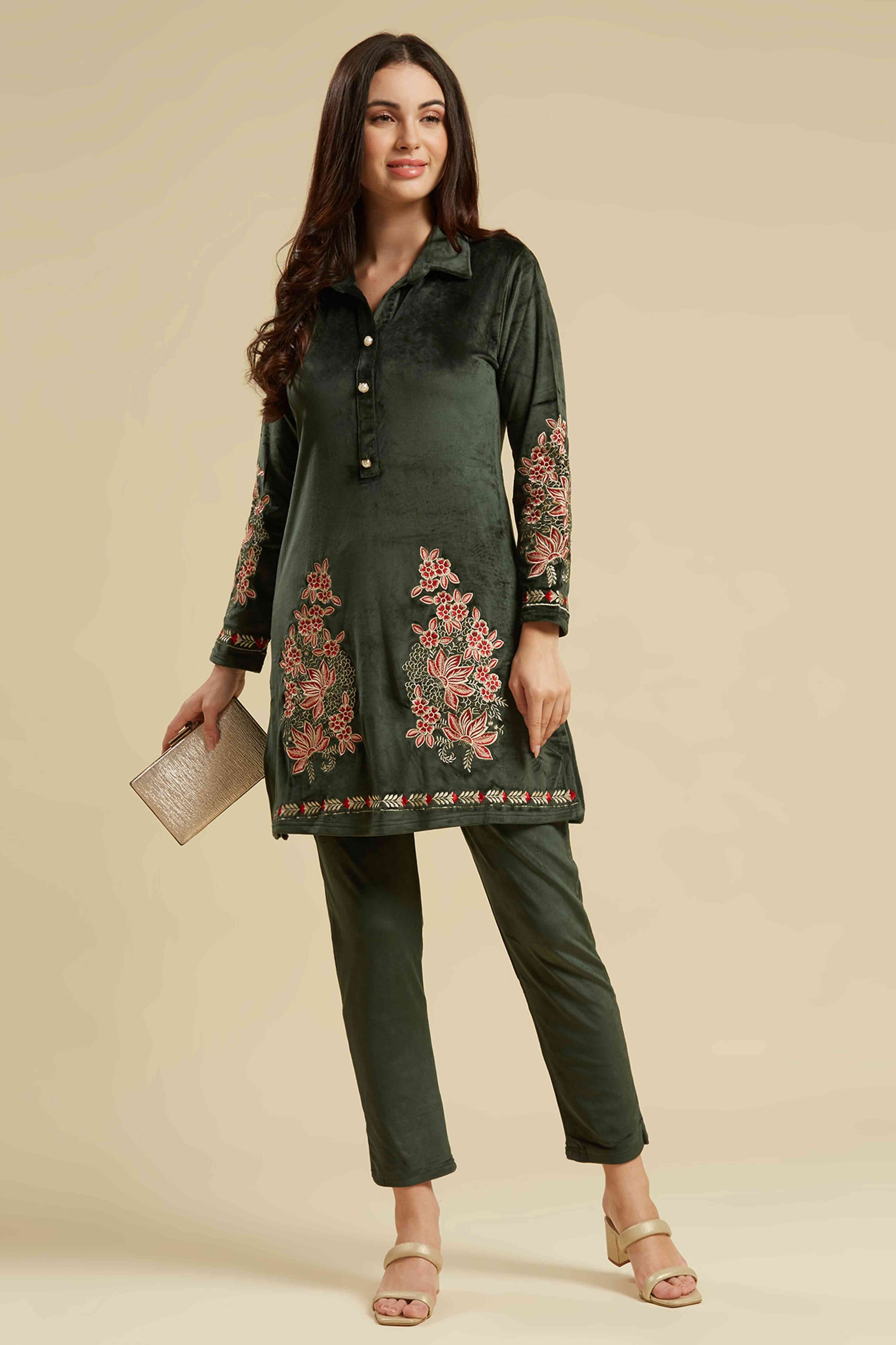 green-embroidered-velvet-straight-top-bottom-set