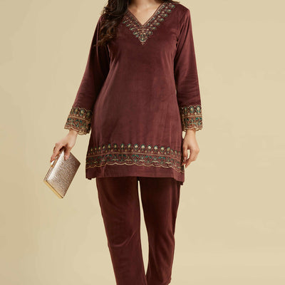 Brown Embroidered Velvet A-Line Top Bottom Set