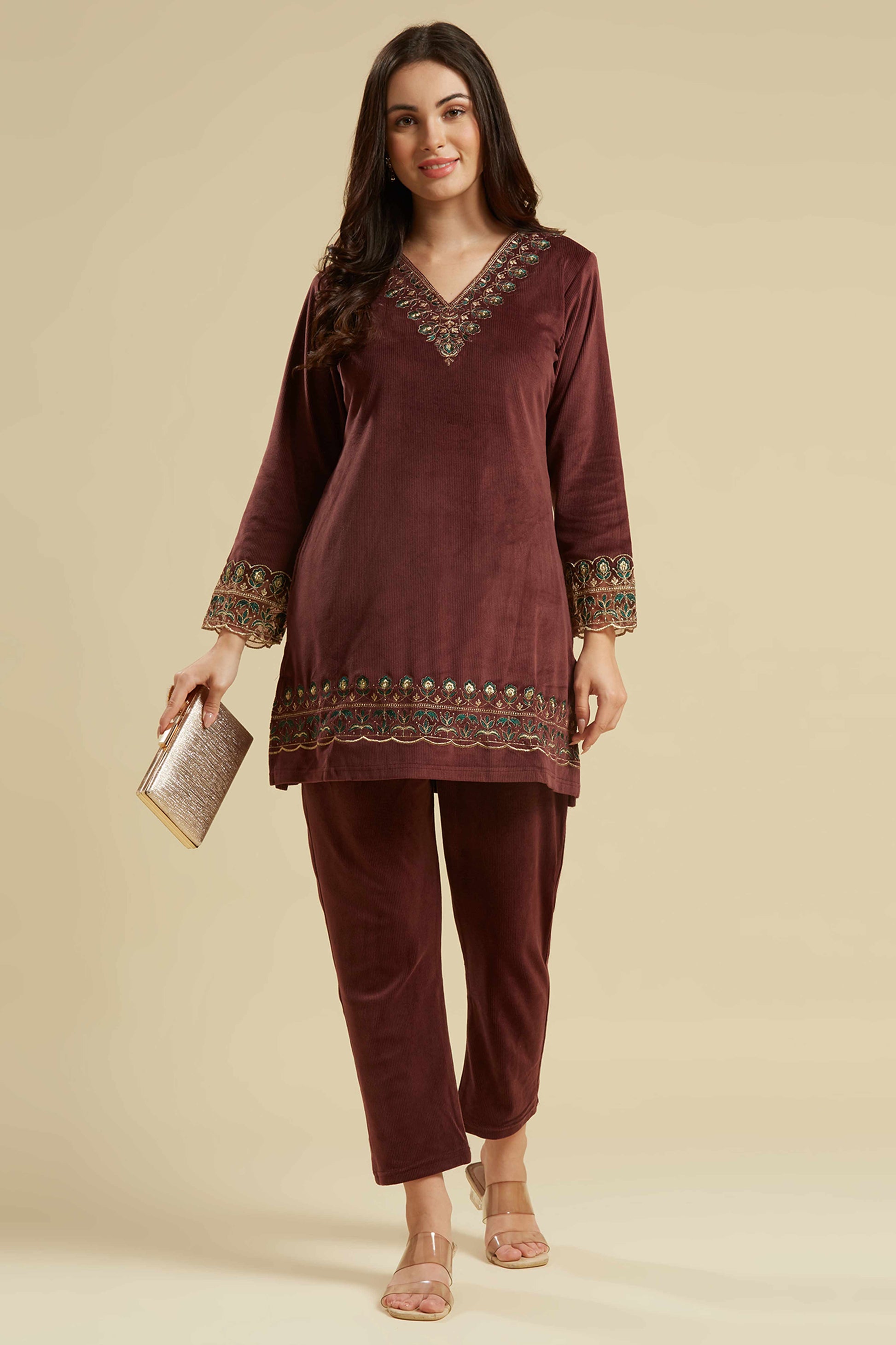 Brown Embroidered Velvet A-Line Top Bottom Set
