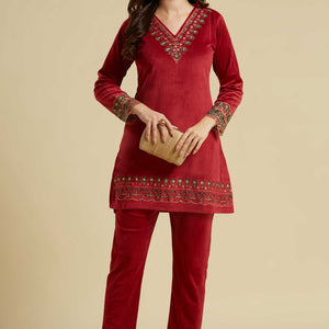 Maroon Embroidered Velvet A-Line Top Bottom Set