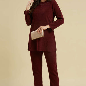 Maroon Woven Woolen A-Line Top Bottom Set