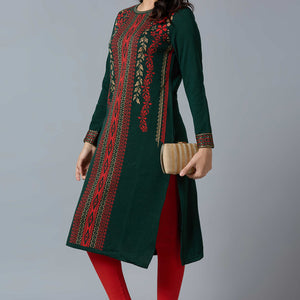Bottle Green Woolen Straight Kurti