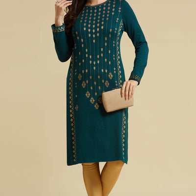 Dark Teal Floral Woolen Top Bottom Set
