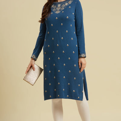 Blue Woolen Straight Kurti