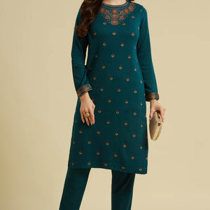 Dark Teal Woolen Straight Kurti