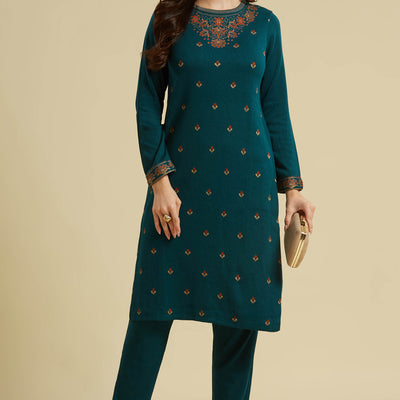 Dark Teal Woolen Straight Kurti