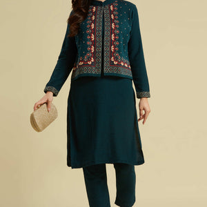 Dark Teal Floral Woolen Top Bottom Set