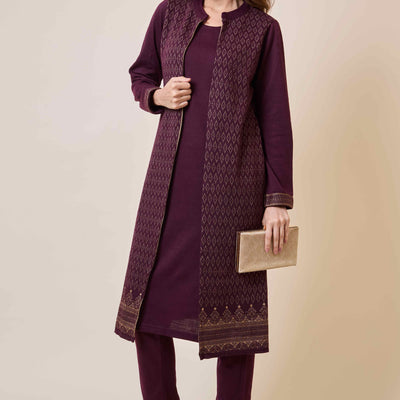 Dark Mauve Floral Woolen Top Bottom Set