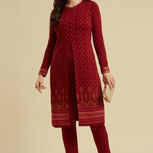 Maroon Floral Woolen Top Bottom Set