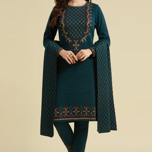 Dark Teal Floral Woolen Salwar Suit