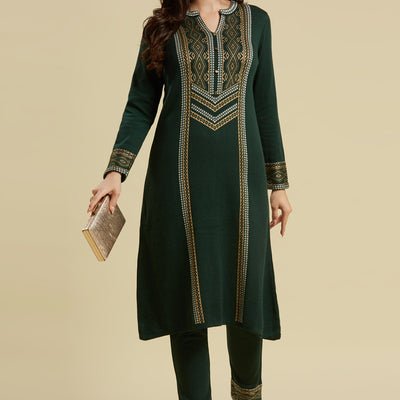 Bottle Green Floral Woolen Top Bottom Set