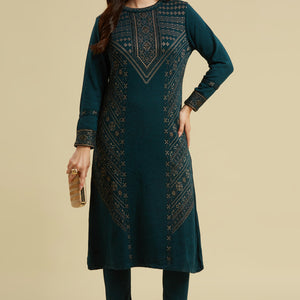 Dark Teal Floral Woolen Top Bottom Set