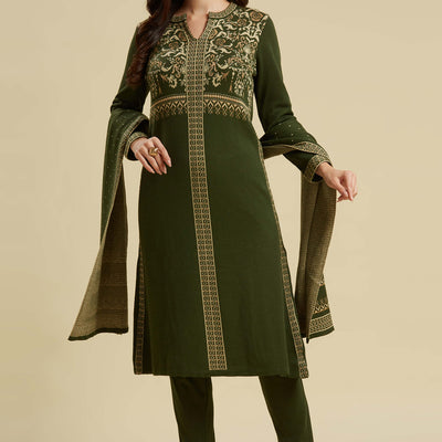 Mehandi Green Floral Woolen Salwar Suit