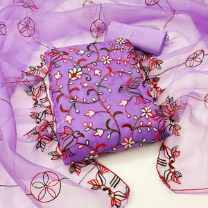 Lavender Floral Embroidered Organza Dress Material