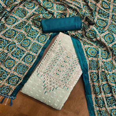 Grey Woven With Gota Work Jacquard Dress Material