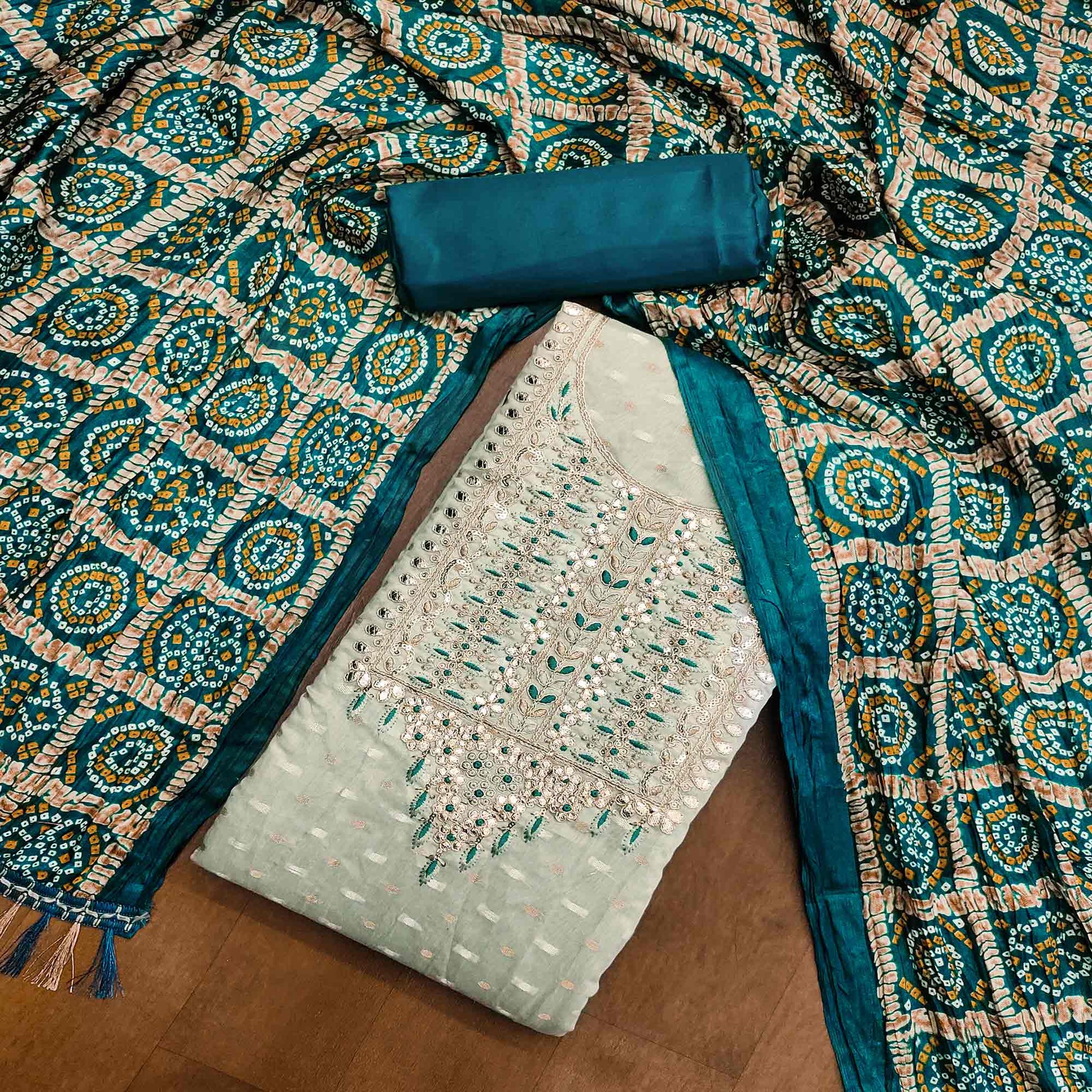Grey Woven With Gota Work Jacquard Dress Material