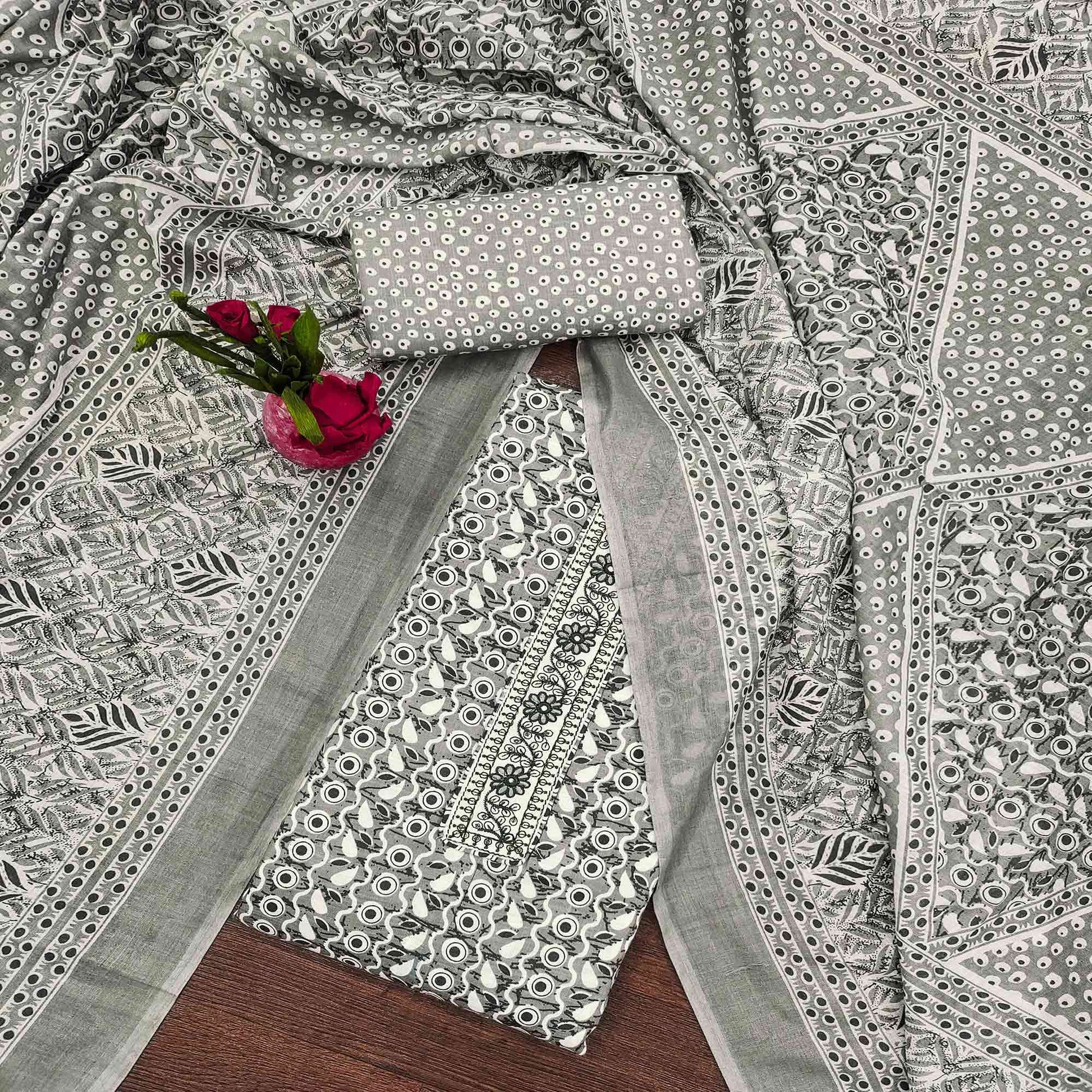Grey Printed With Embroidered Cotton Blend Dress Material