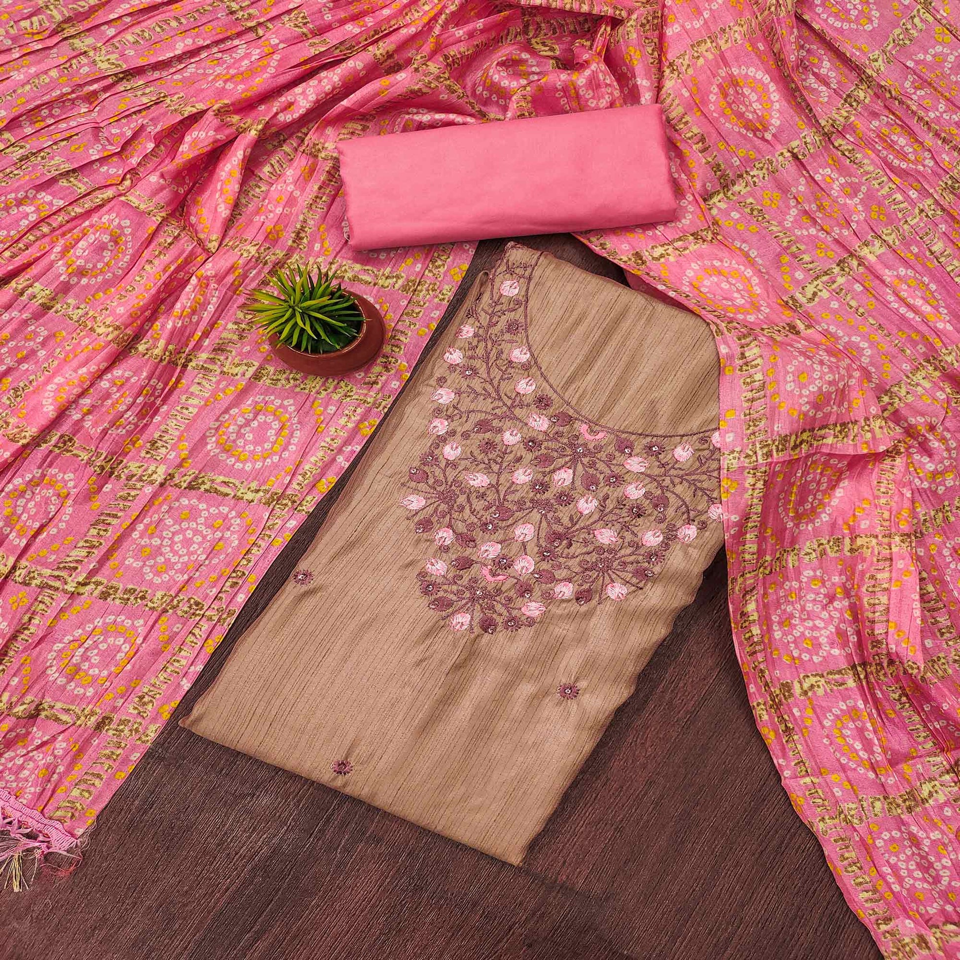 Chikoo Floral Sequins Embroidered Cotton Blend Dress Material