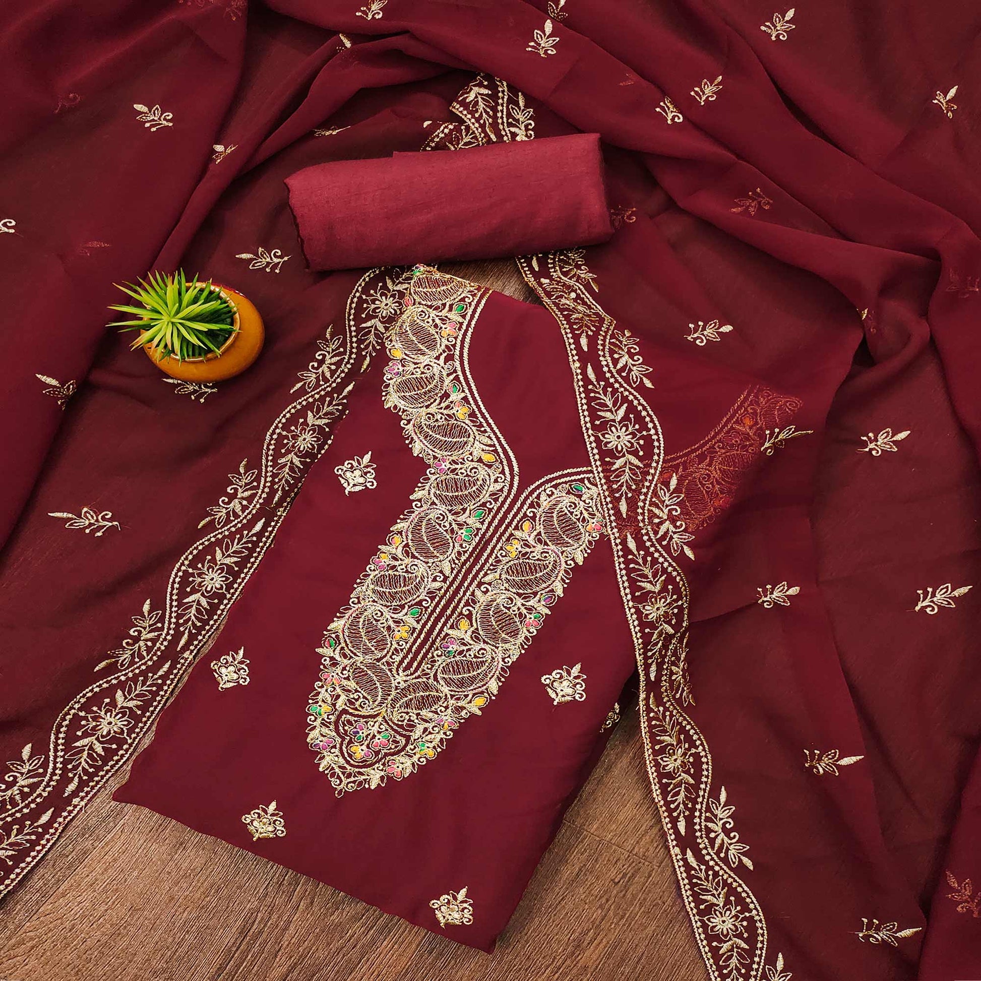 Maroon Floral Embroidered Georgette Dress Material