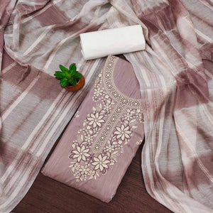 Dusty Rose Pink Floral Sequins Embroidered Cotton Silk Dress Material