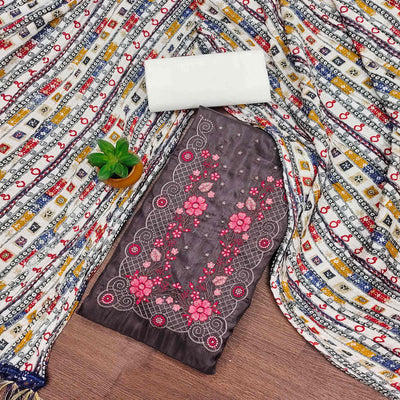 Dark Brown Floral Sequins Embroidered Cotton Silk Dress Material