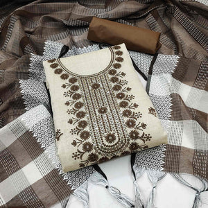 Cream & Brown Floral Sequins Embroidered Cotton Blend Dress Material