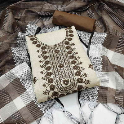Cream & Brown Floral Sequins Embroidered Cotton Blend Dress Material