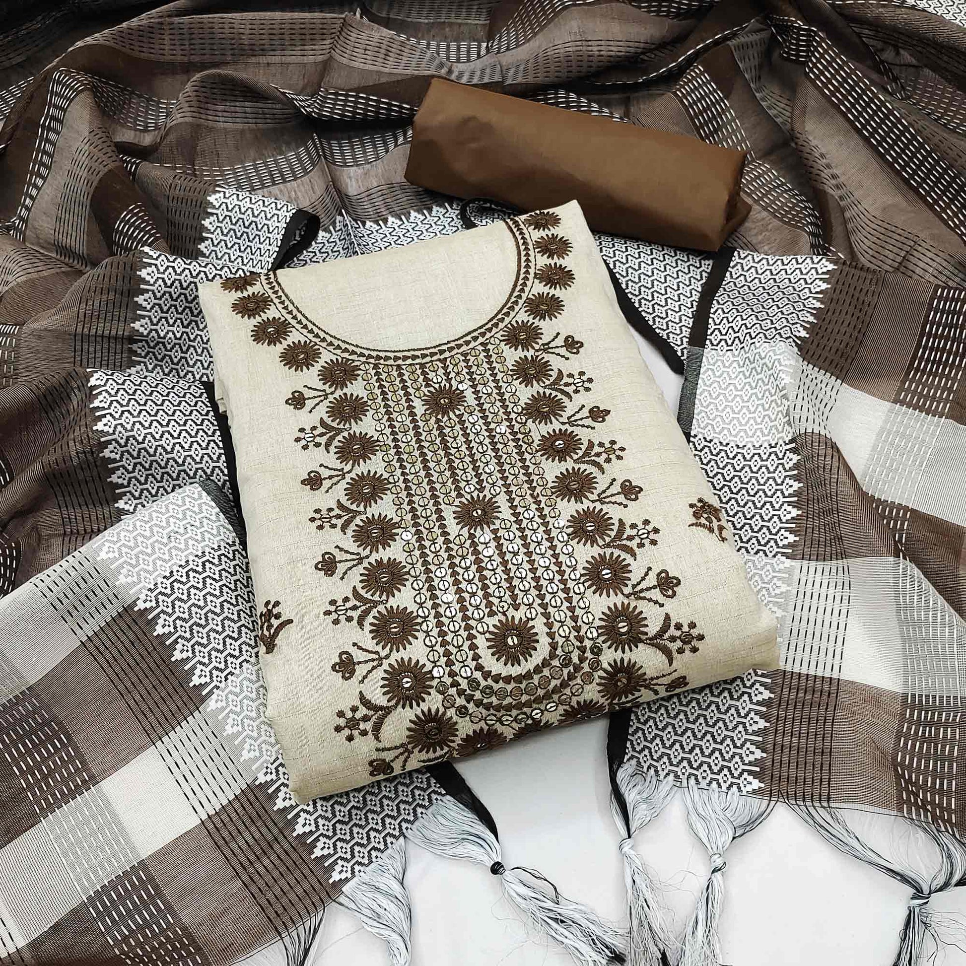 Cream & Brown Floral Sequins Embroidered Cotton Blend Dress Material