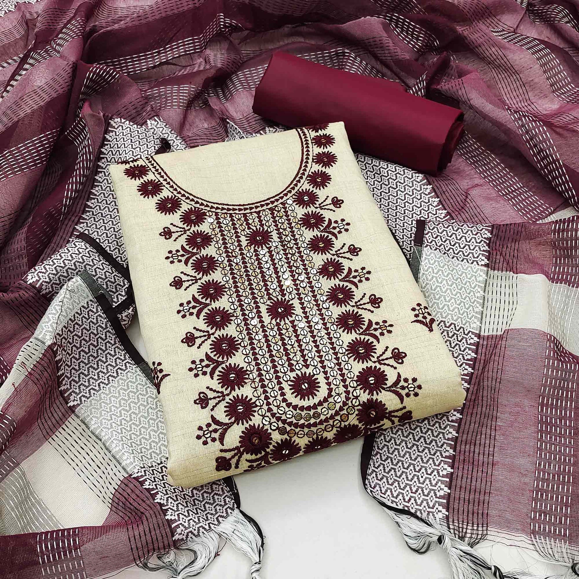 Cream & Maroon Floral Sequins Embroidered Cotton Blend Dress Material