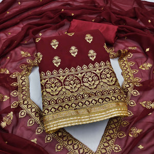 Maroon Floral Embroidered Georgette Dress Material