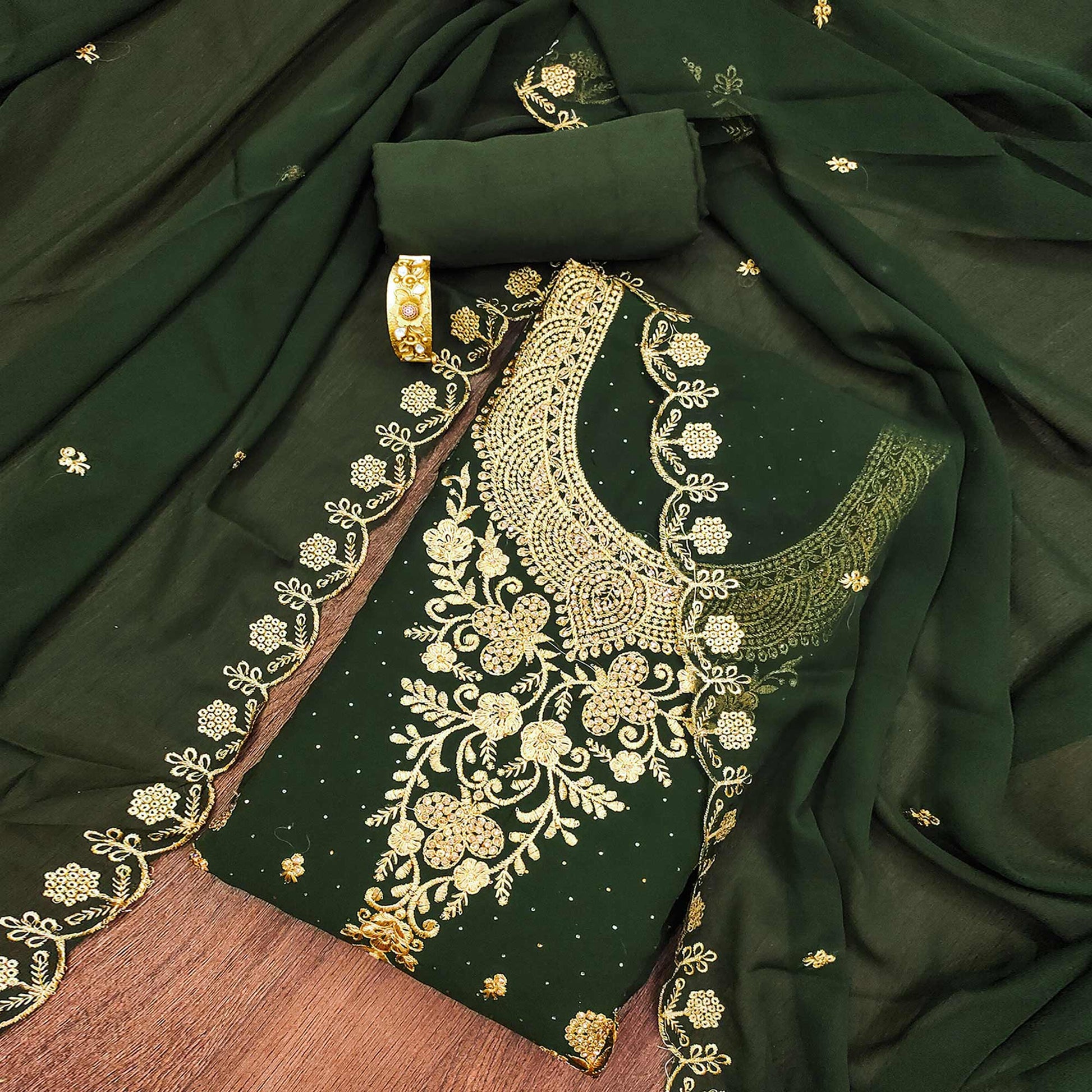 Mehendi Green Floral Embroidered Georgette Dress Material