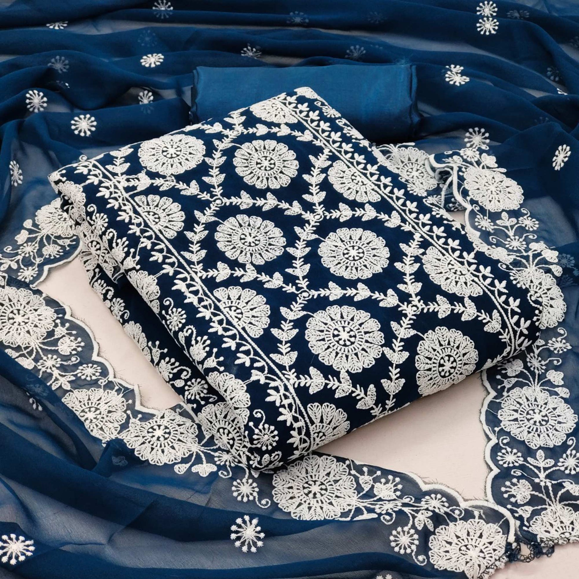 Morpich Blue Floral Embroidered Georgette Dress Material