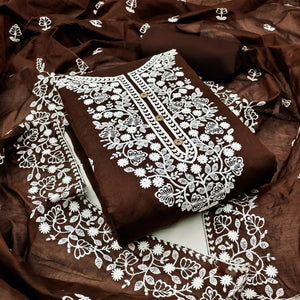 Brown Floral Embroidered Chanderi Cotton Dress Material