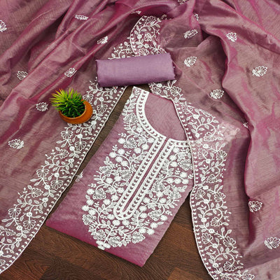 Mauve Floral Embroidered Chanderi Cotton Dress Material