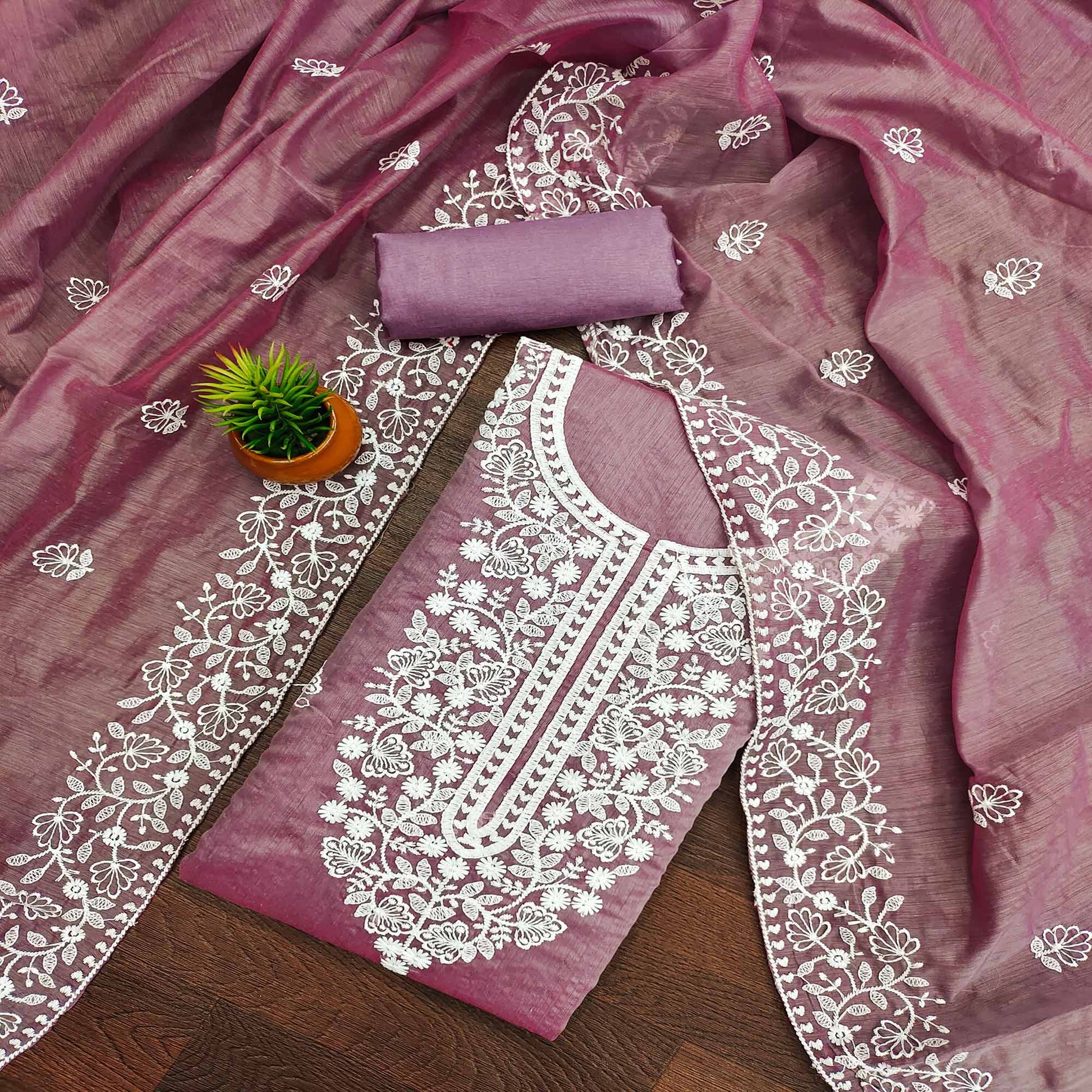 Mauve Floral Embroidered Chanderi Cotton Dress Material
