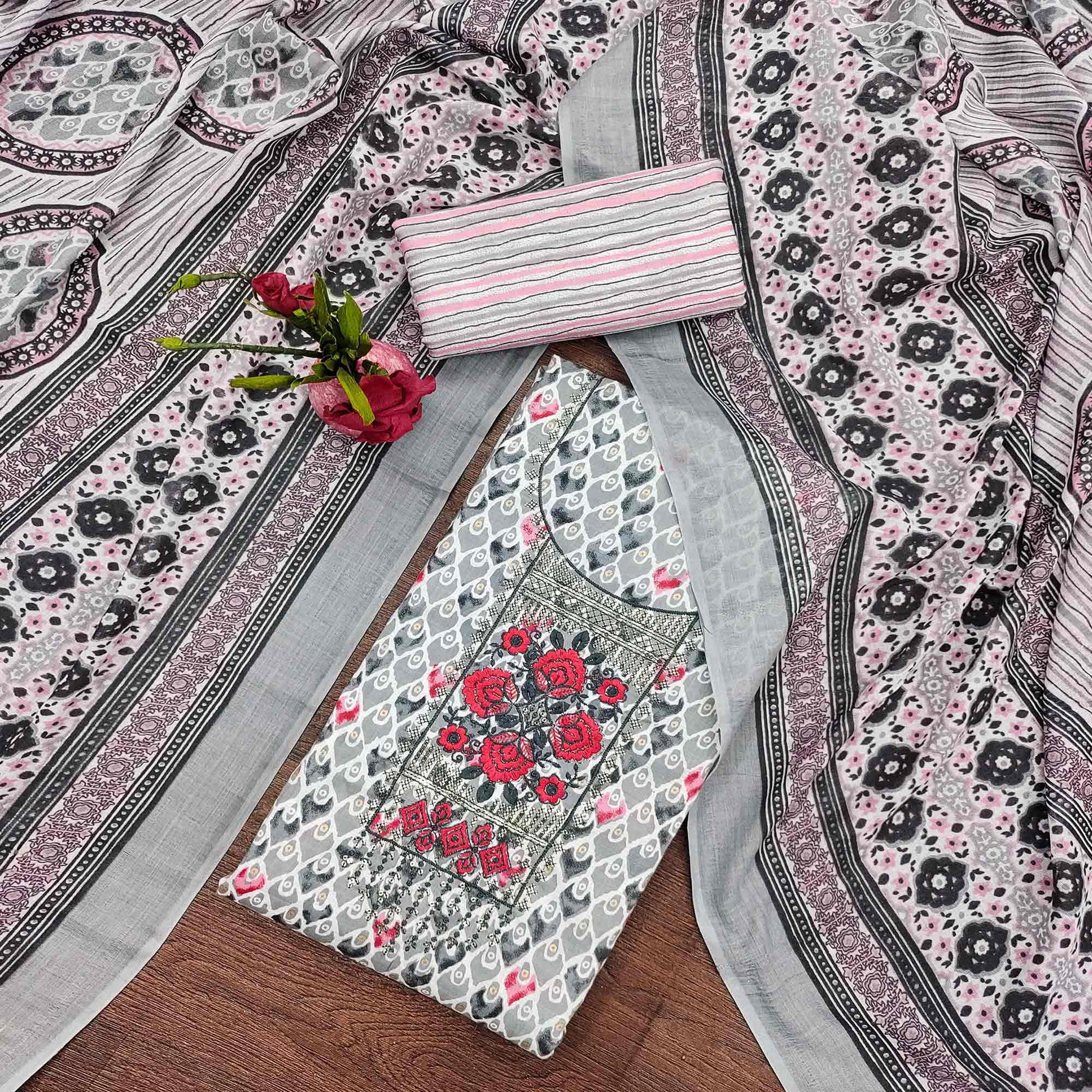 Grey Printed With Embroidered Cotton Blend Dress Material
