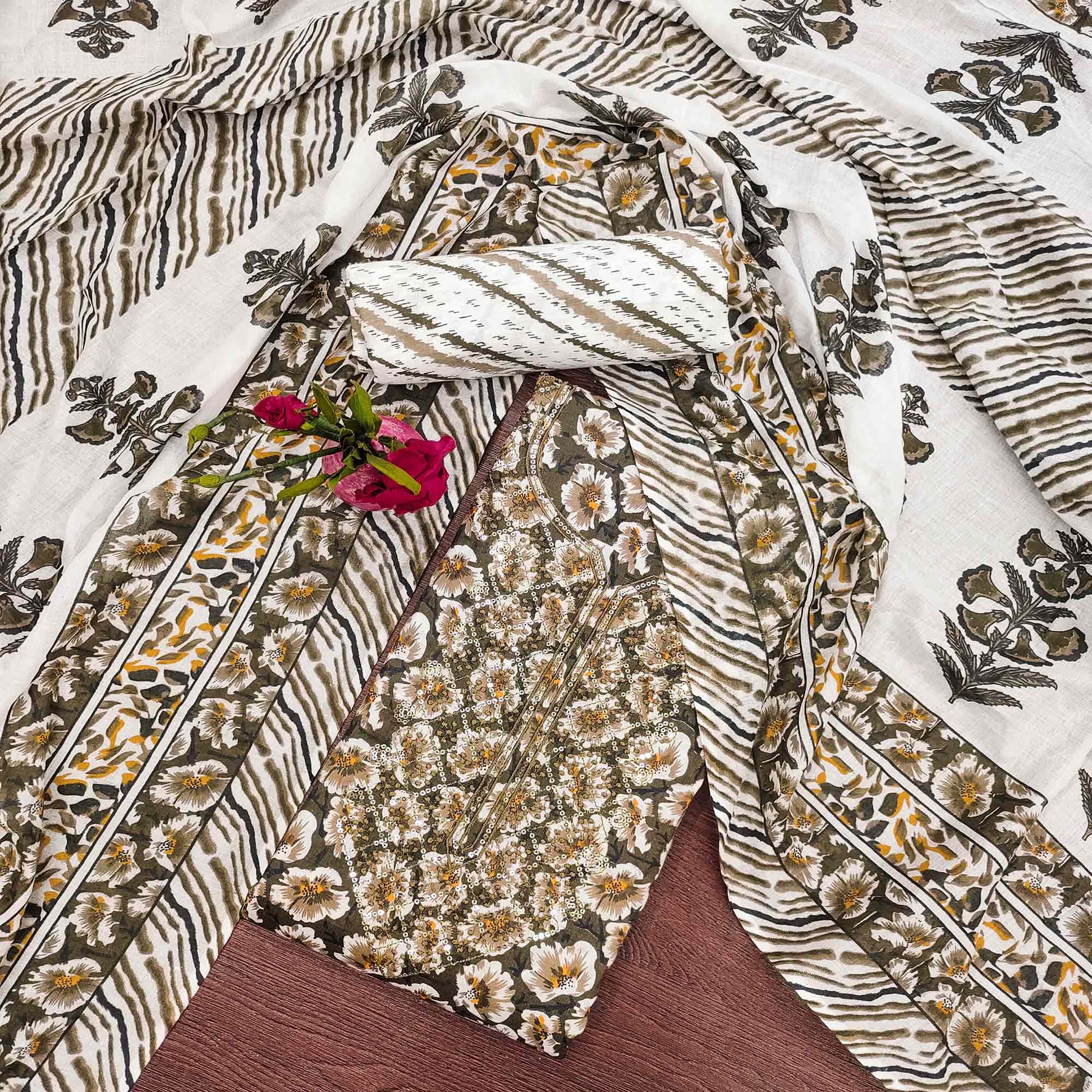 Brown Printed With Embroidered Cotton Blend Dress Material